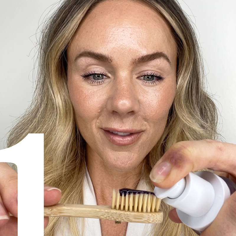 After brushing your teeth with normal toothpaste, apply a pea-sized amount acrossyour toothbrush